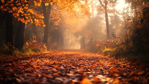 Golden Autumn Forest Path Glowing with Warm Sunlight