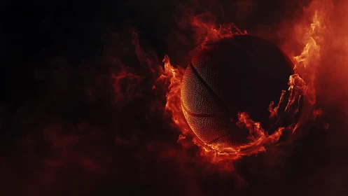 Flaming basketball sphere in dynamic dark inferno field.