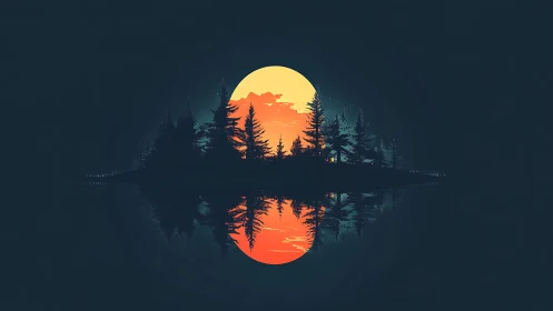 Moonlit forest island rests quietly over glassy midnight water