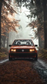 Vintage red car pauses on a misty forest backroad.