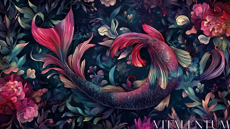 Digital koi fish swirl amid lush floral foliage pattern.