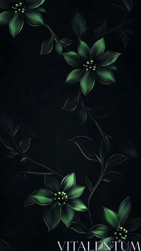 Luminous Green Florals on Black Canvas.