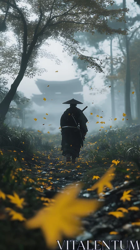Lone ronin walks misty forest path toward distant temple