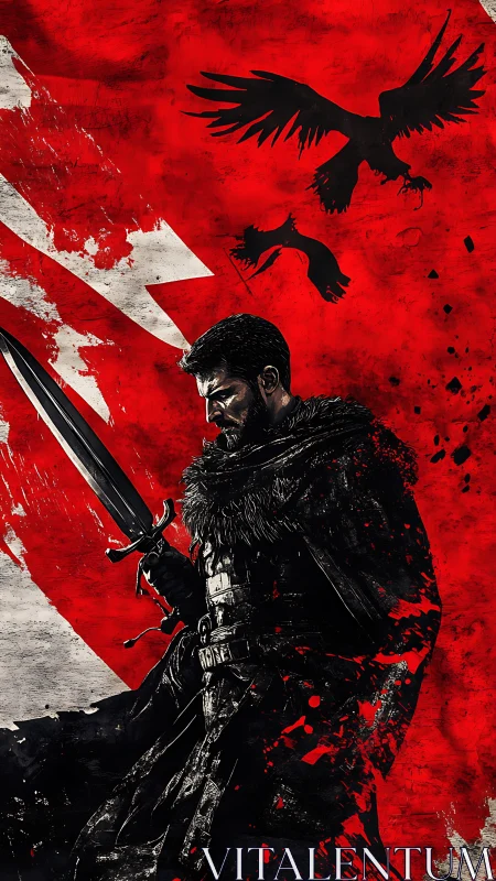 Armored swordsman with crows on red abstract backdrop.