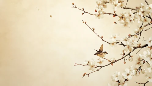 Quiet spring branches and a visiting bird in soft bloom.