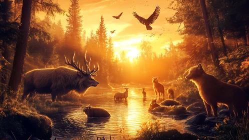 Golden forest gathering with elk, wolves, and river light.