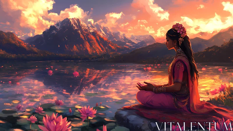 Woman meditating beside lotus lake under sunset mountains.
