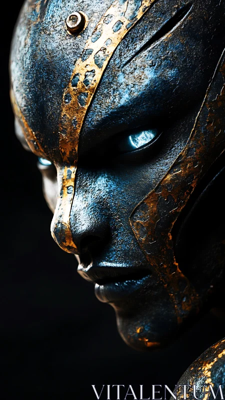 Gilded cyber guardian studies the dark with molten eyes