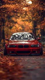 Red BMW sedan on forest road framed by autumn foliage.