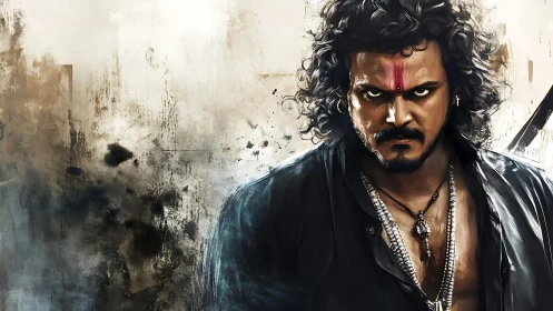 Storm-eyed warrior king stalks through splattered urban dusk.