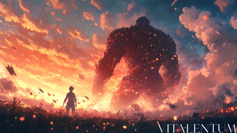Silhouetted human facing giant creature at burning sunset.