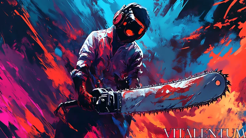 Neon-saturated masked figure wielding bloodied chainsaw