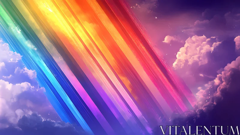 Diagonal spectral light beams slice through iridescent storm clouds