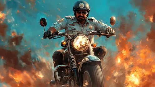Motorcycle cop rides through exploding fiery background