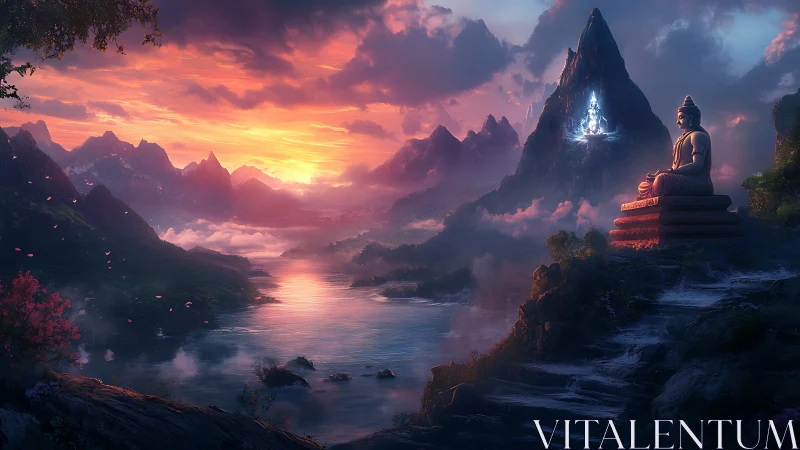 Luminous river valley with meditative statue and oracle peak.