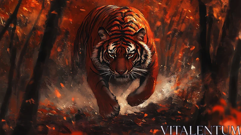 Predatory tiger charges through ember-lit forest in motion study