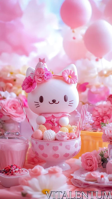 White Ceramic Cat Figurine Adorned with Pink Floral Crown in Fantasy Dreamscape.
