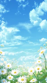 Cumulus-stratified sky over luminant chamomile meadowfield.