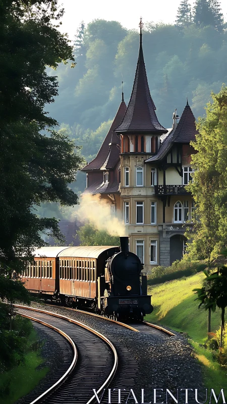 Steam excursion train rounding forest curve by turreted villa