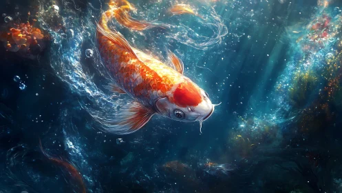 Luminous koi in dynamic underwater current, digital painting.