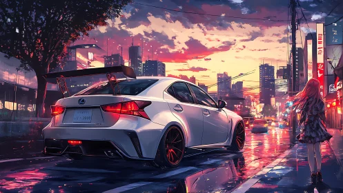 Aerodynamic tuner sedan in neon-soaked urban twilight streetscape.