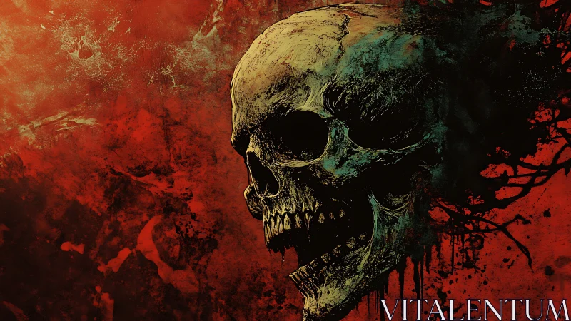 Decayed skull illustration over blood red textured void.