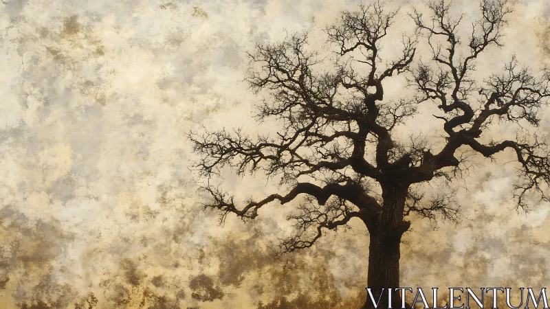 Bare tree silhouette against textured sepia background, minimalist art.
