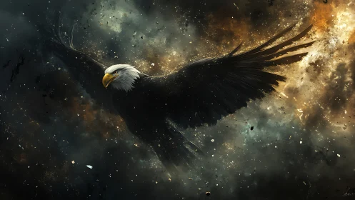 Majestic bald eagle soaring through dramatic stormy sky, digital art.