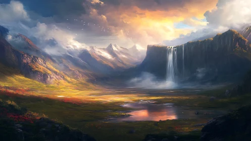 Luminous alpine valley vista with cascading plateau waterfall.