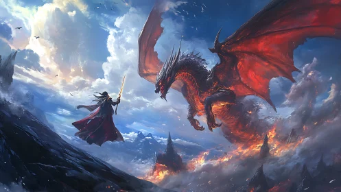 Sky-riven duel between ember dragon and lone fire mage.