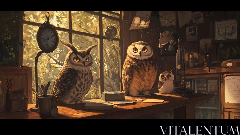 Owls gathered in a warm, cluttered study at sunset.