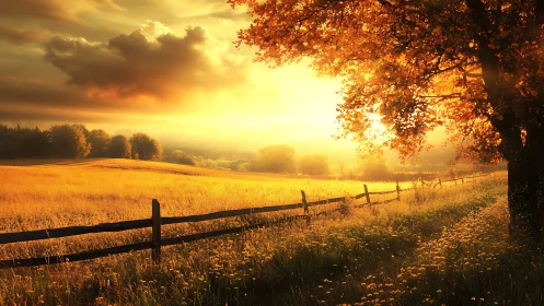 Golden country sunset over a peaceful autumn meadow.