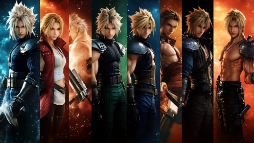 Heroic anime warriors gathered in bold elemental colors.