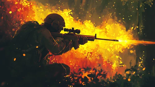 Silhouetted marksman carving light through a wildfire dusk.