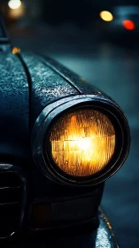 Rainy night glow on a vintage car headlight close-up.