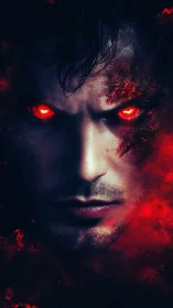 Digital painting portrait of infernal male visage in red haze.