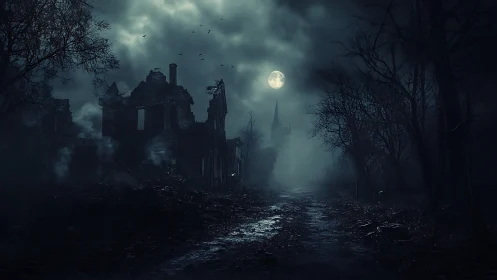 Moonlit ruined street frames distant haunted church silhouette.