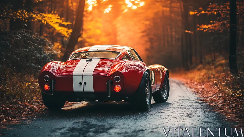 Vintage red race car is parked on a narrow forest road
