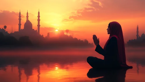 Sunlit prayers drifting across a misty crimson waterscape.