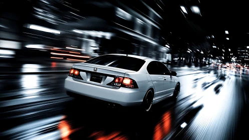 White sedan on wet city street at night in motion blur.