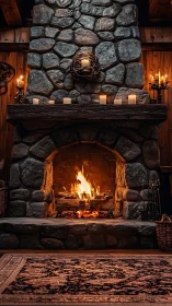 Stone fireplace with active fire and candle decorations on mantelpiece.