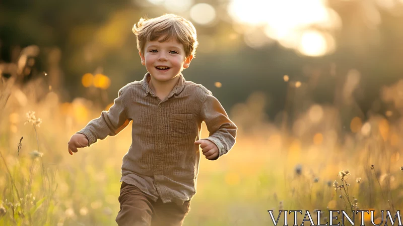 Young Boy Running Through Golden Field at Sunset