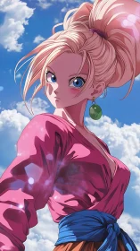 Bold skyward heroine in pink with bright determined gaze.