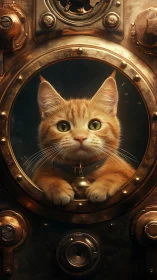 Steampunk feline portrait within brass porthole frame.