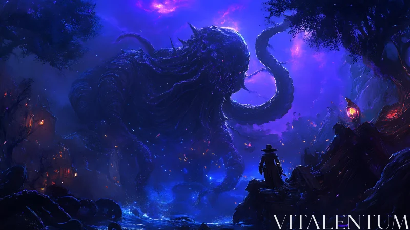 Midnight warlock confronting cosmic abyssal leviathan.