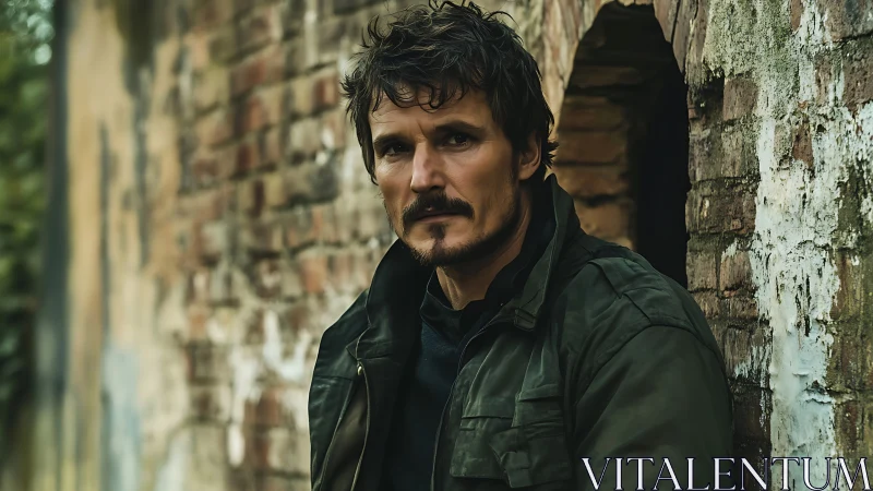 Weathered wanderer rests against crumbling brick refuge.