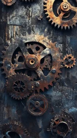Weathered metal gears turn quietly in a rustic steampunk wall