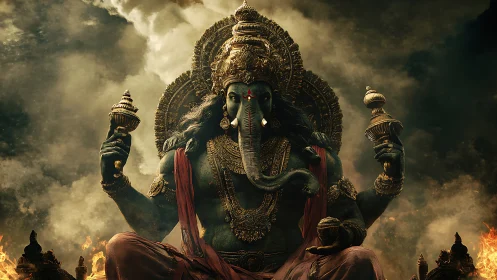 Elephant-headed multi-armed deity sits amid dense storm clouds