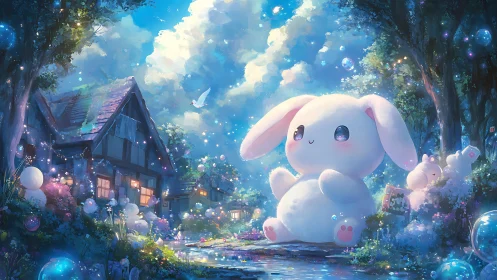 Moonlit bunny guardian giggles beside a bubble-bright cottage