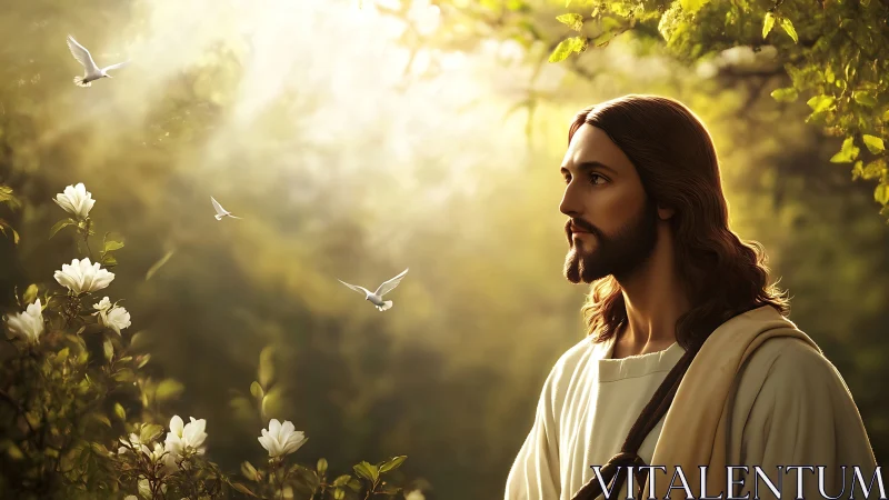 Serene robed figure in sunlit forest with doves ascending.